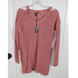 POOF! Women's Small V‎ Neck Long Sleeve Open Knit Sweater Dress Rose